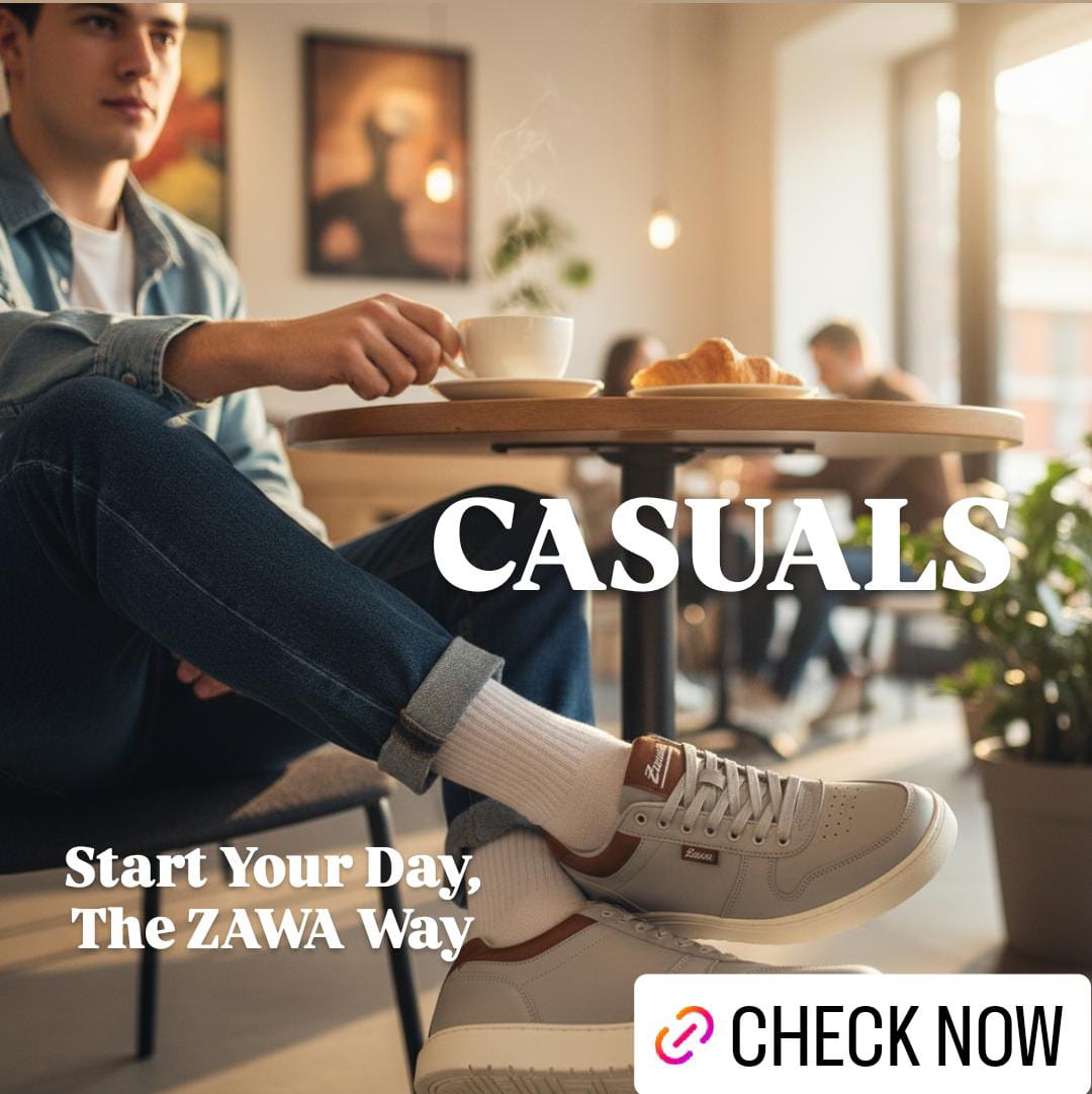young male wearing zawa casual sneakers at morning with coffee