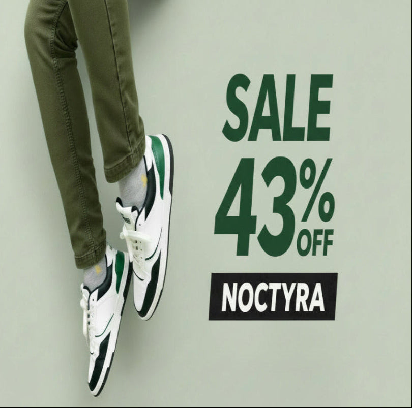 White zawa noctyra sneakers with green accents worn by a person, on a light gray background with 'NOCTYRA' sale text.