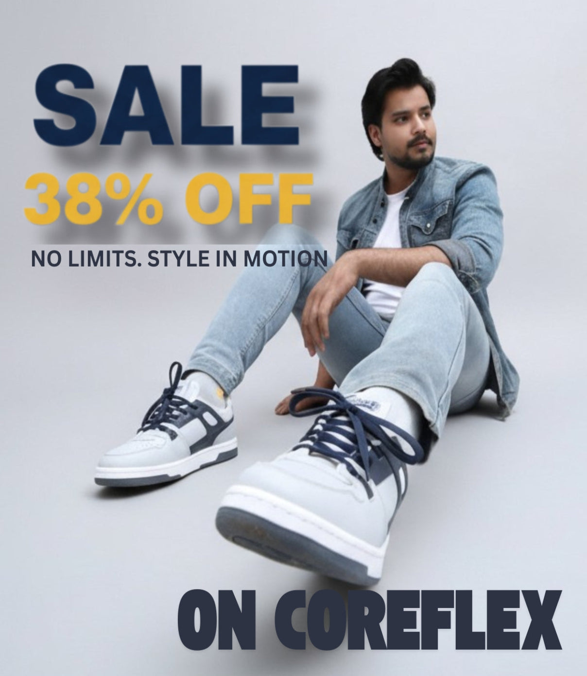 Person wearing ZAWA Coreflex shoes with sale text on a gray background