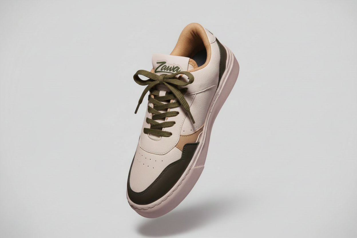 Sneaker with a zawa brand logo on a light gray background