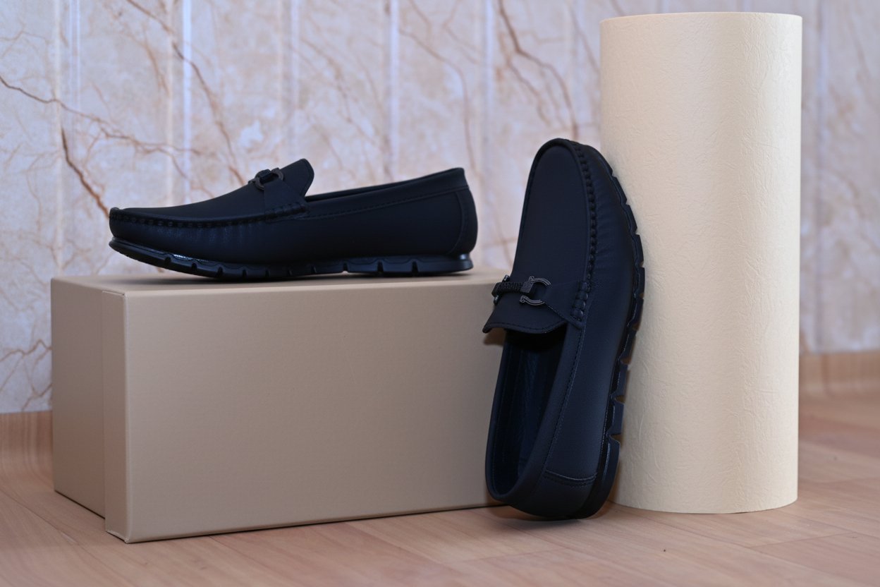ZAWA Black monarcha loafers on a beige box with a marble wall background