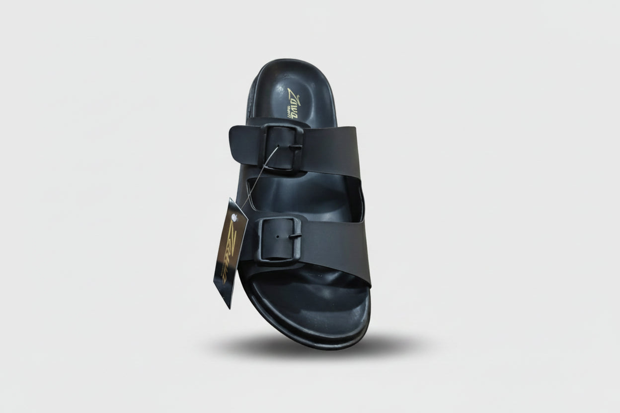 ZAWA Black sandal with a tag on a white background