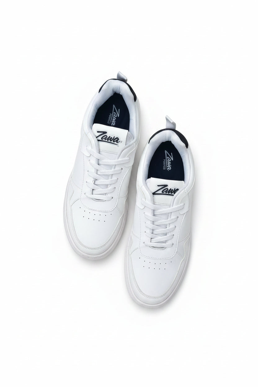 White aurion sneakers with a ZAWA brand logo on a white background