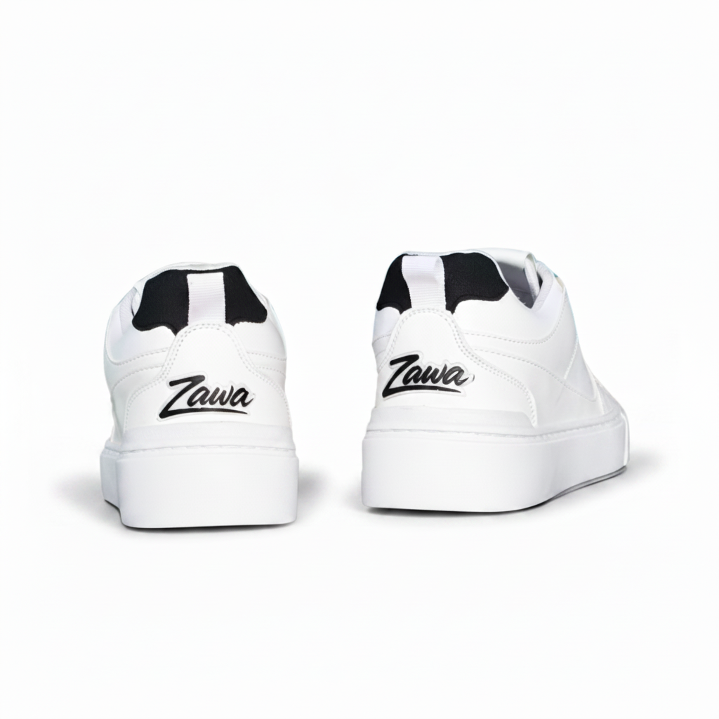 White sneakers with black accents and 'Zawa' branding on a white background