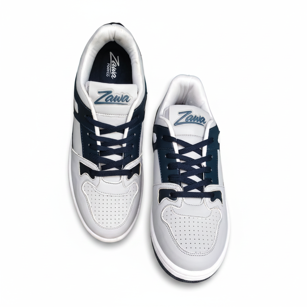 White zawa coreflex sneakers with navy blue laces and accents on a white background
