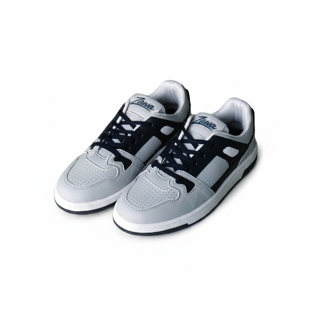 Pair of navy blue and gray zawa coreflex sneakers on a white background