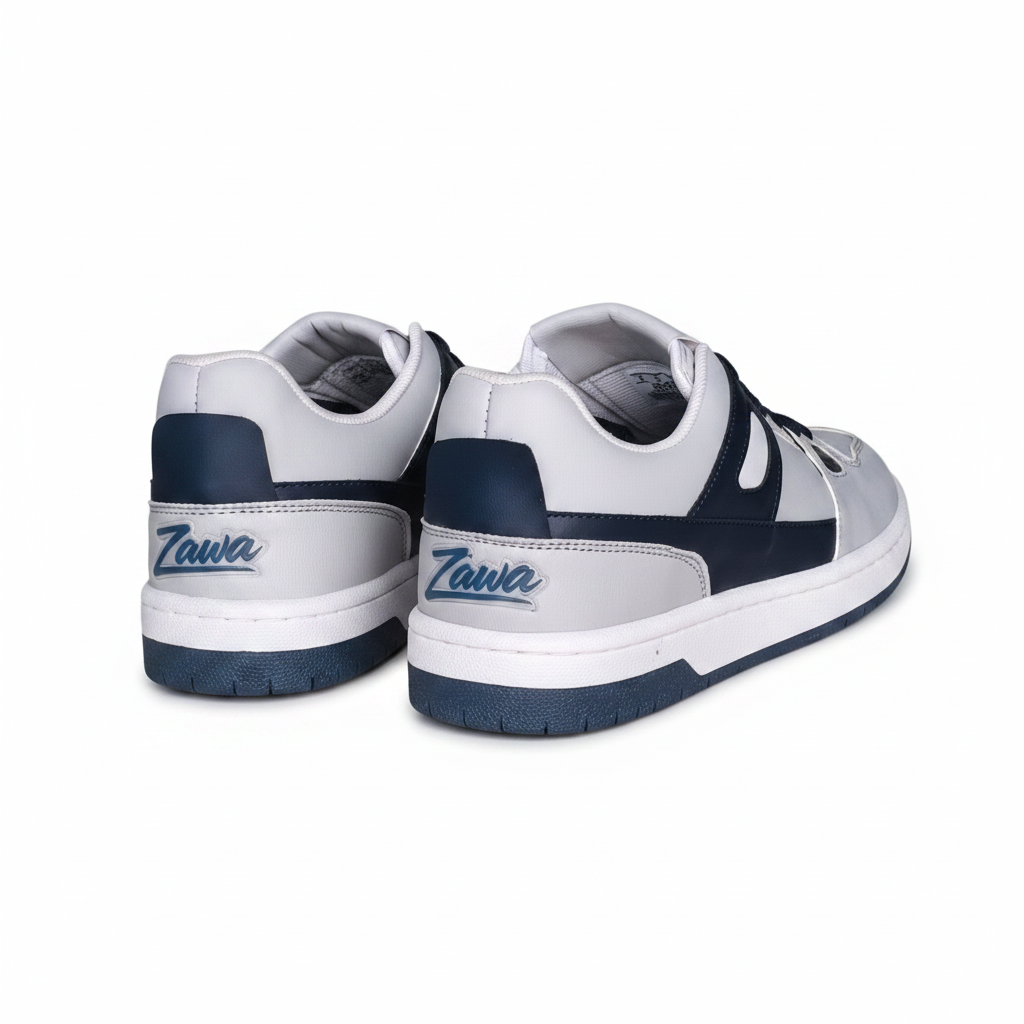 White and navy sneakers with 'Zawa' branding on a white background