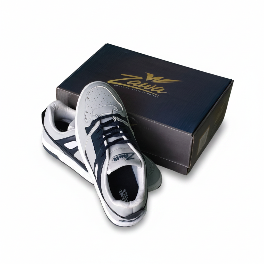 Gray and navy zawa coreflex sneaker with zawa branded box on a white background 
