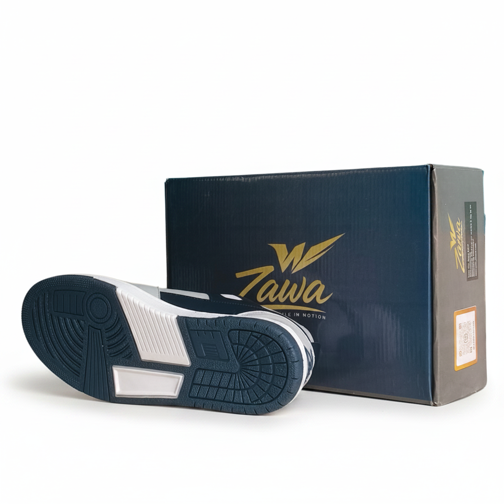Blue and white zawa coreflex sneaker with a branded box of Zawa on a white background