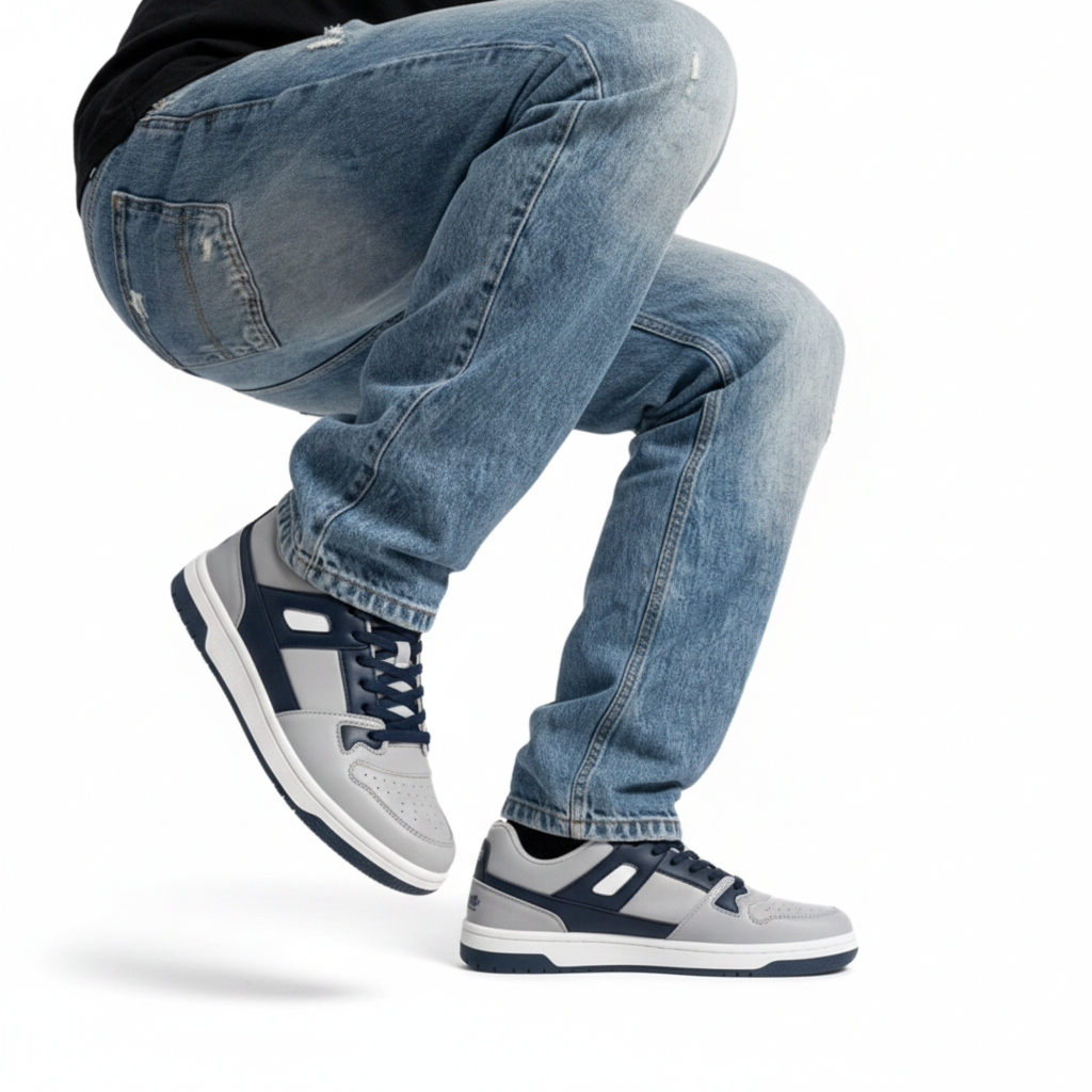 Person wearing blue jeans and gray zawa sneakers sitting on a white background