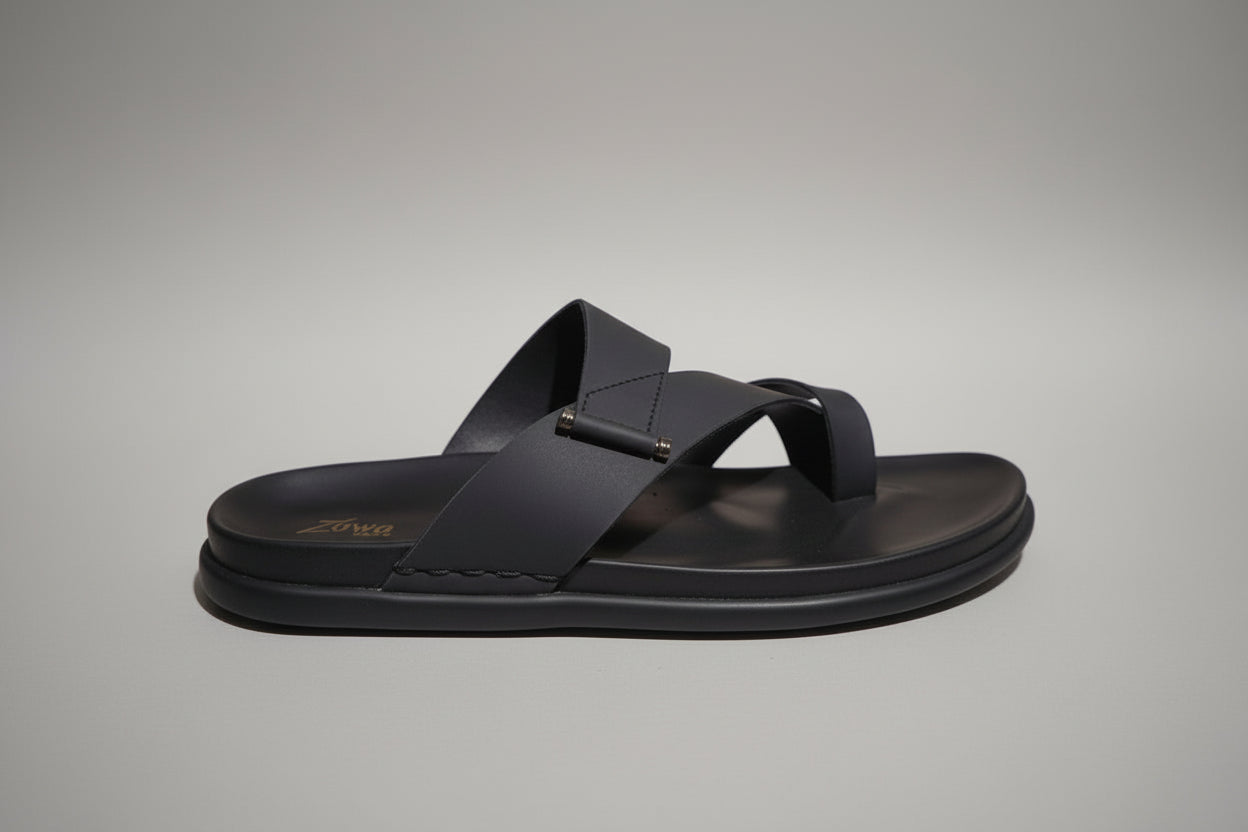 Black zawa cruze sandal on a white box with a white background