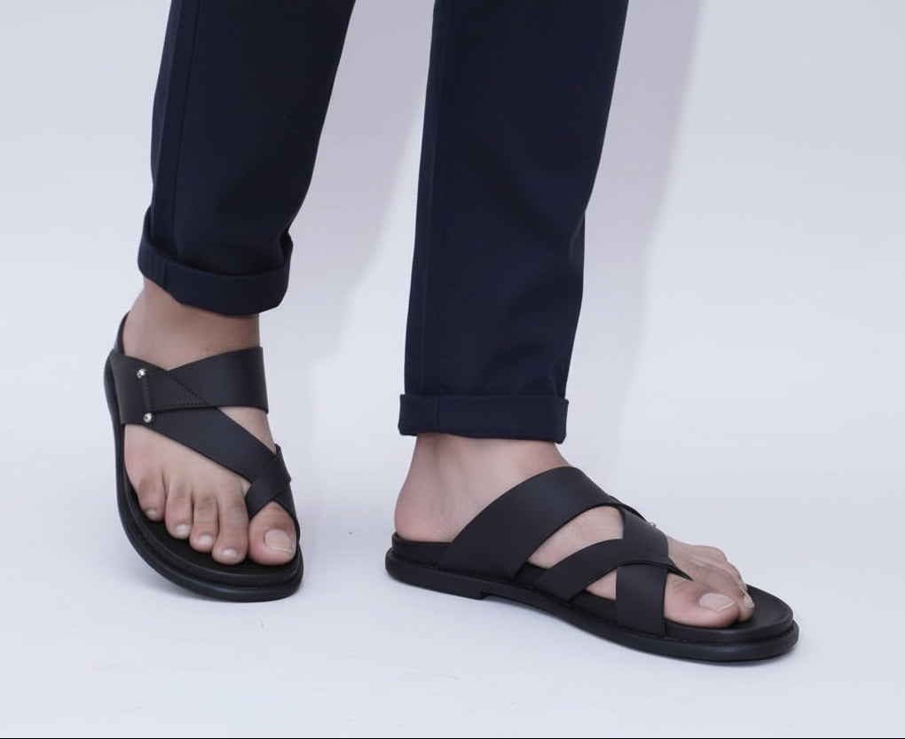 ZAWA CRUZE Black sandals worn with blue jeans 