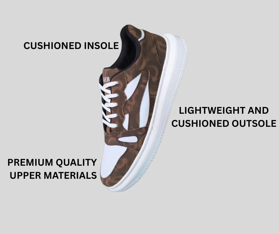 Brown sneaker with white laces on a gray background, featuring text about shoe features.