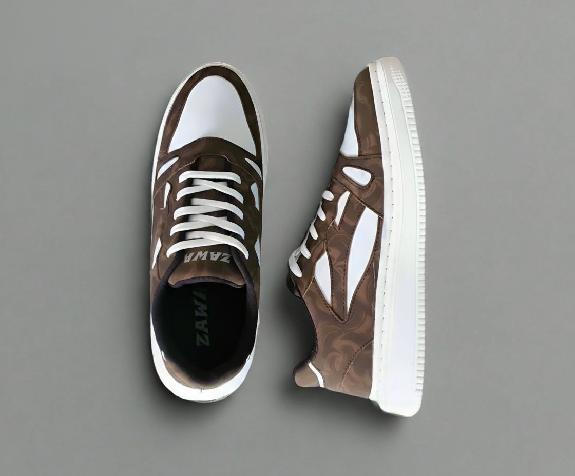 Pair of ZAWA Driftwood White Sneakers displayed on a seamless gray backdrop under soft studio lighting