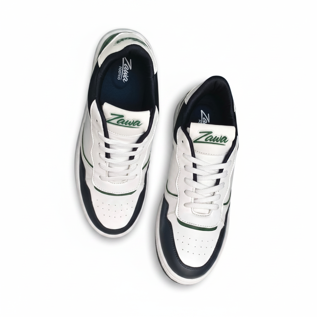 White zawa noctyra sneakers with black soles and green accents on a white background