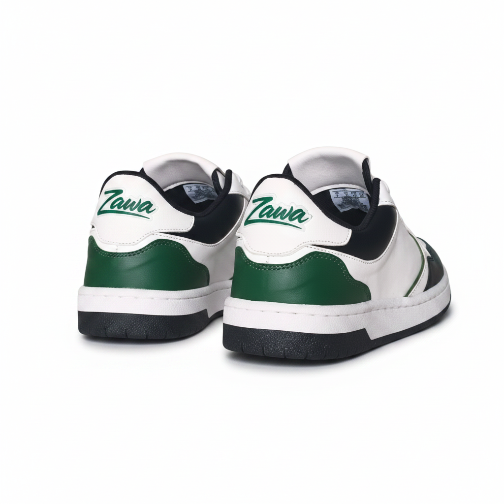 White zawa noctyra sneakers with green and black accents on a white background