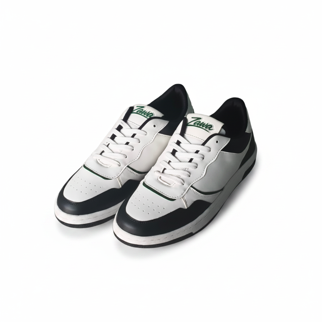 White zawa noctyra sneakers with black accents on a white background