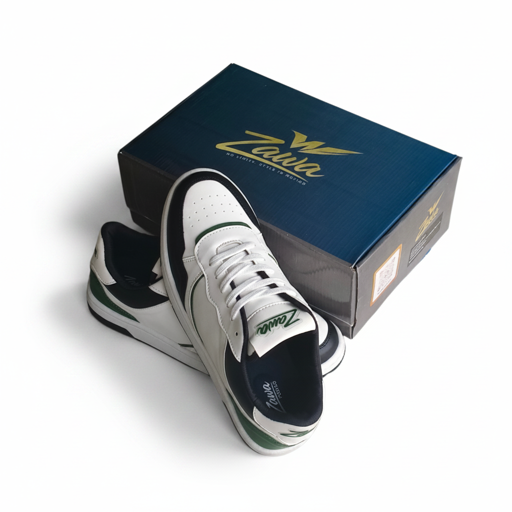 White and green sneaker with black accents on a blue Zawa box