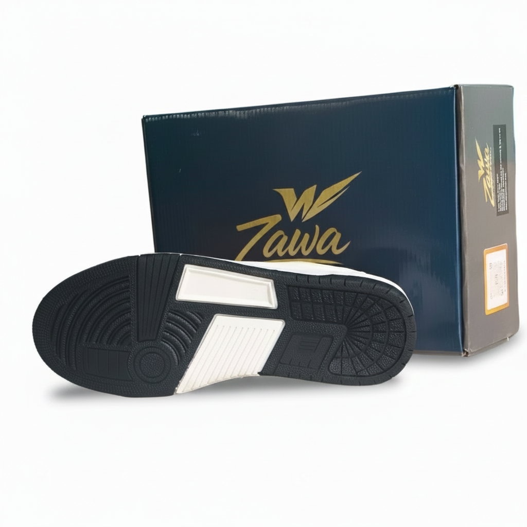 Black and white sneaker with Zawa branding on a white background