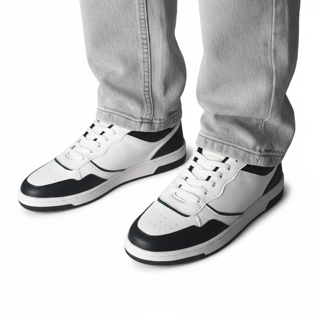 White and black zawa noctyra sneakers with green accents on a white background