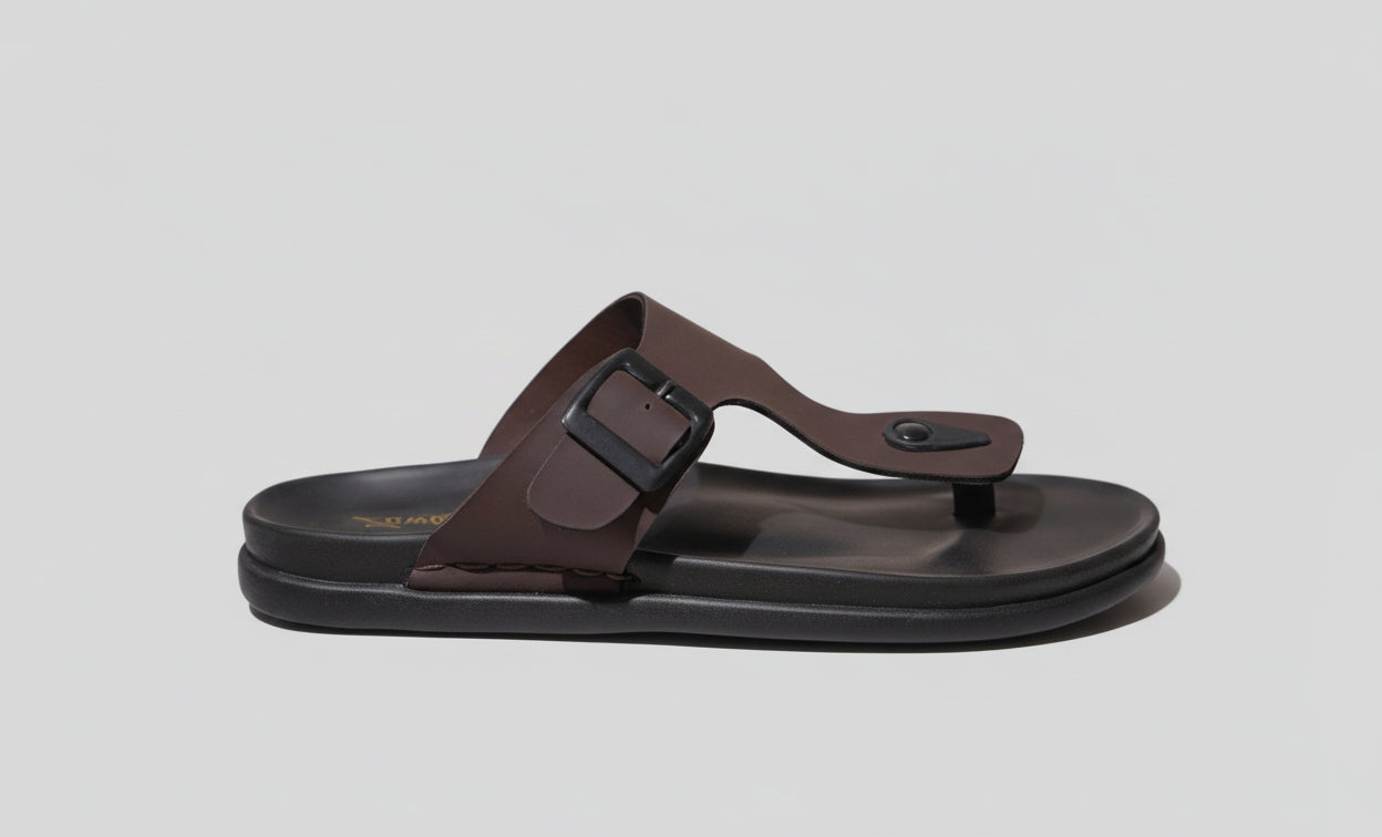 Brown zawa rivano sandal with a strap on a plain background