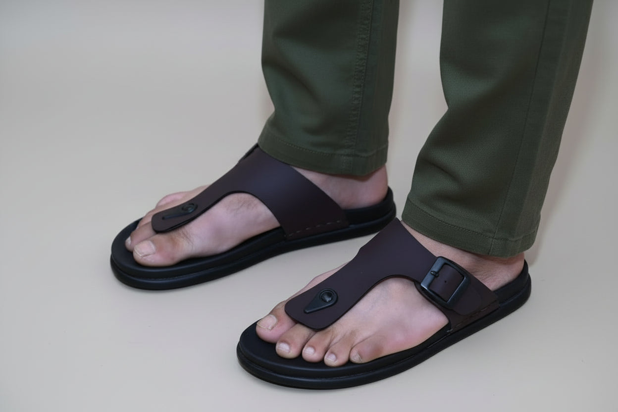 Person wearing zawa rivano brown sandals on a plain surface