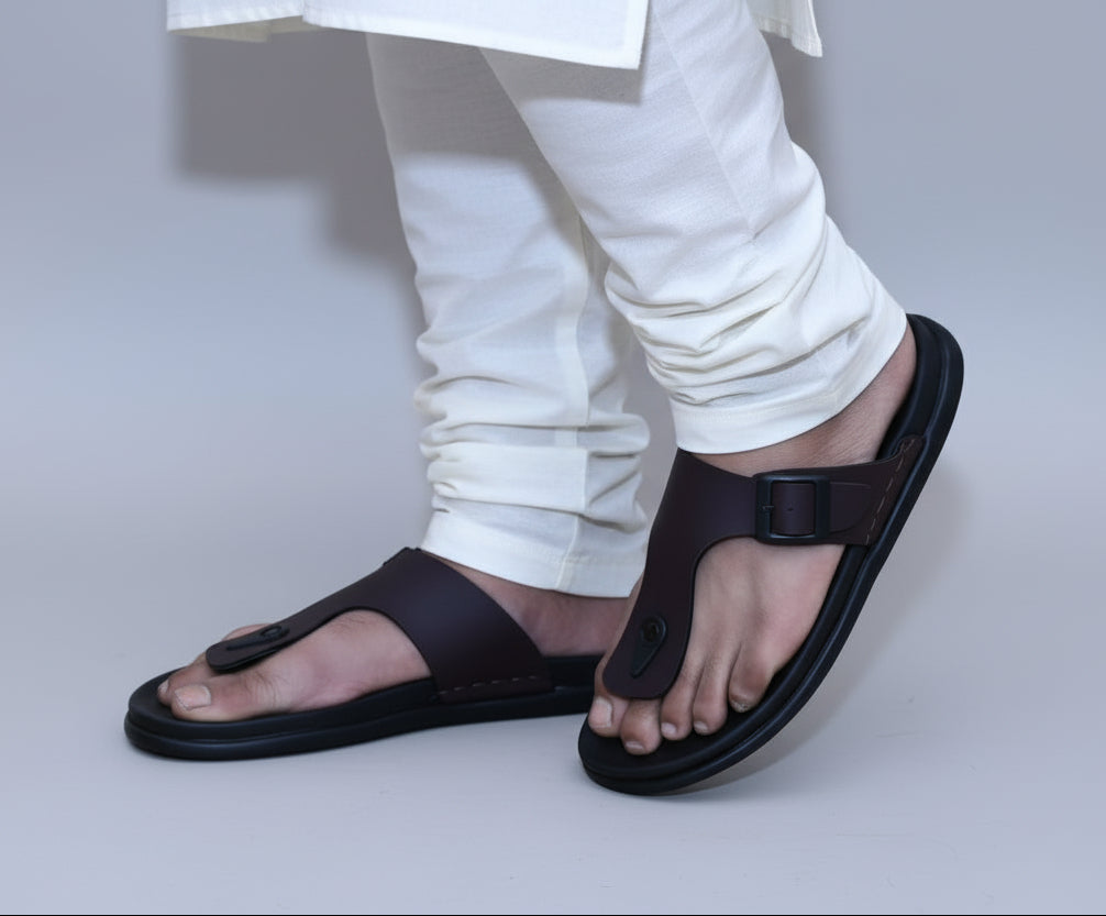 Person wearing zawa rivano black sandals with kurta payjama