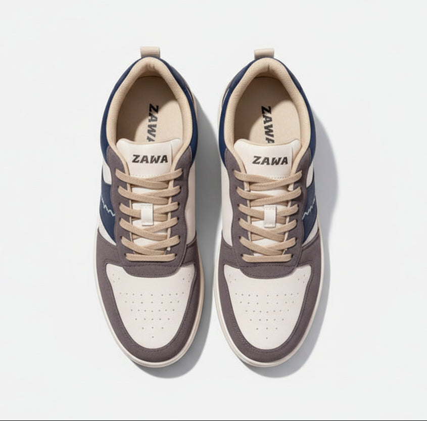 Pair of zawa shadow dune sneakers with a mix of blue, white, and brown colors on a white background.