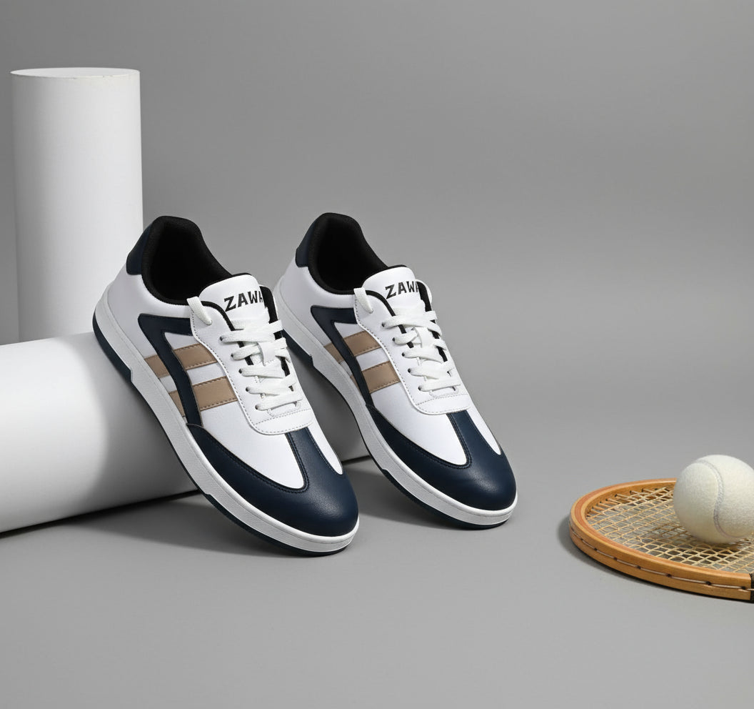 White ZAWA SkyDrift sneakers with blue and brown accents on a plain surface