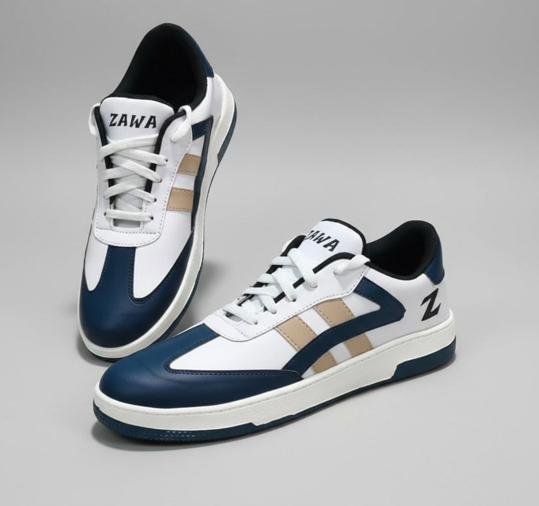 Pair of navy and white sneakers with 'Zawa' branding on a plain  background.