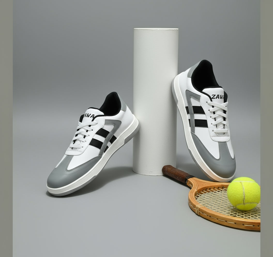 Gray and white ZAWA SkyDrift sneakers with black accents on a grey background