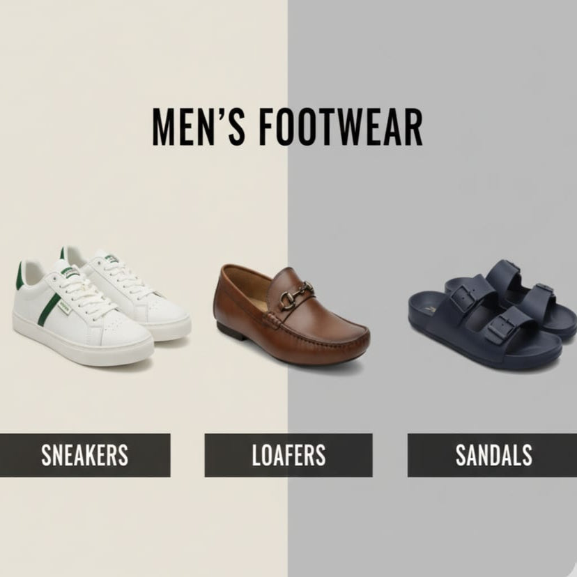 Three pairs of ZAWA men's footwear labeled as sneakers, loafers, and sandals on a two-tone background.