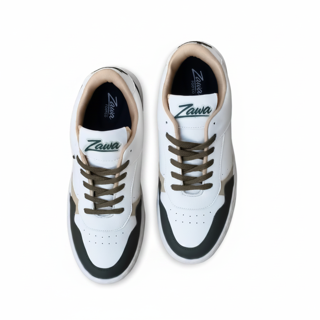 White zawa verdantis sneakers with green accents and brown laces on a white background