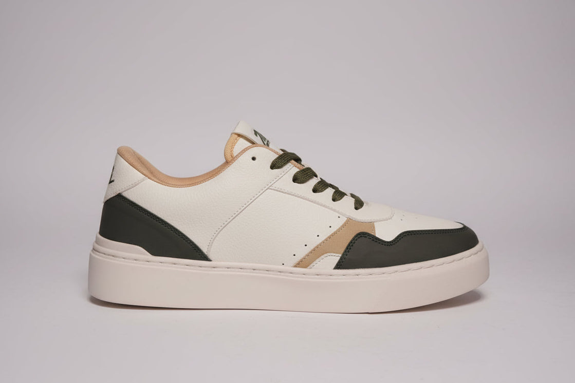 White zawa verdantis sneaker with black and brown accents 