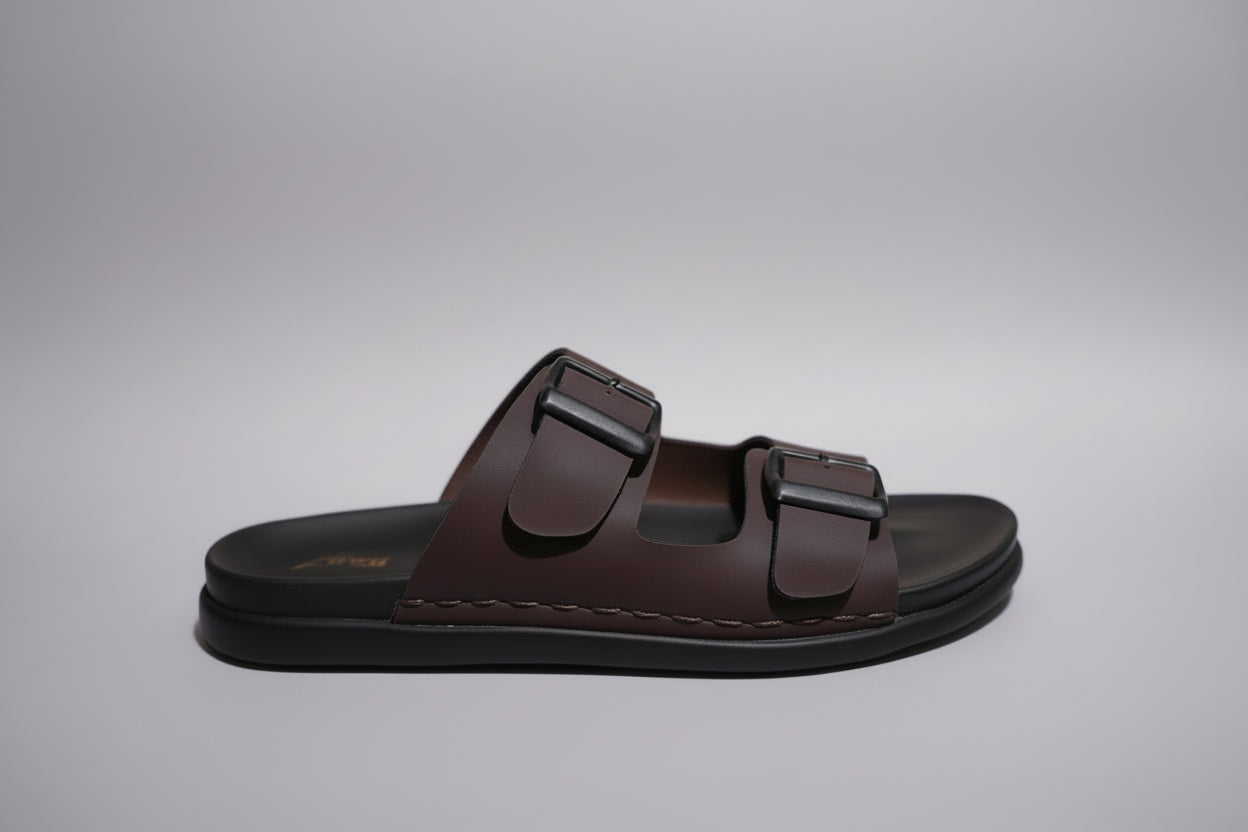 Brown zawa sandal with double straps on a white background