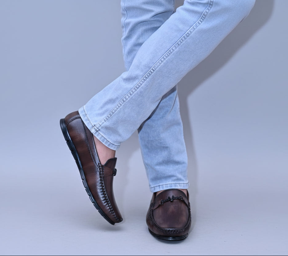 ZAWA Valoris Brown loafers worn with light blue jeans 
