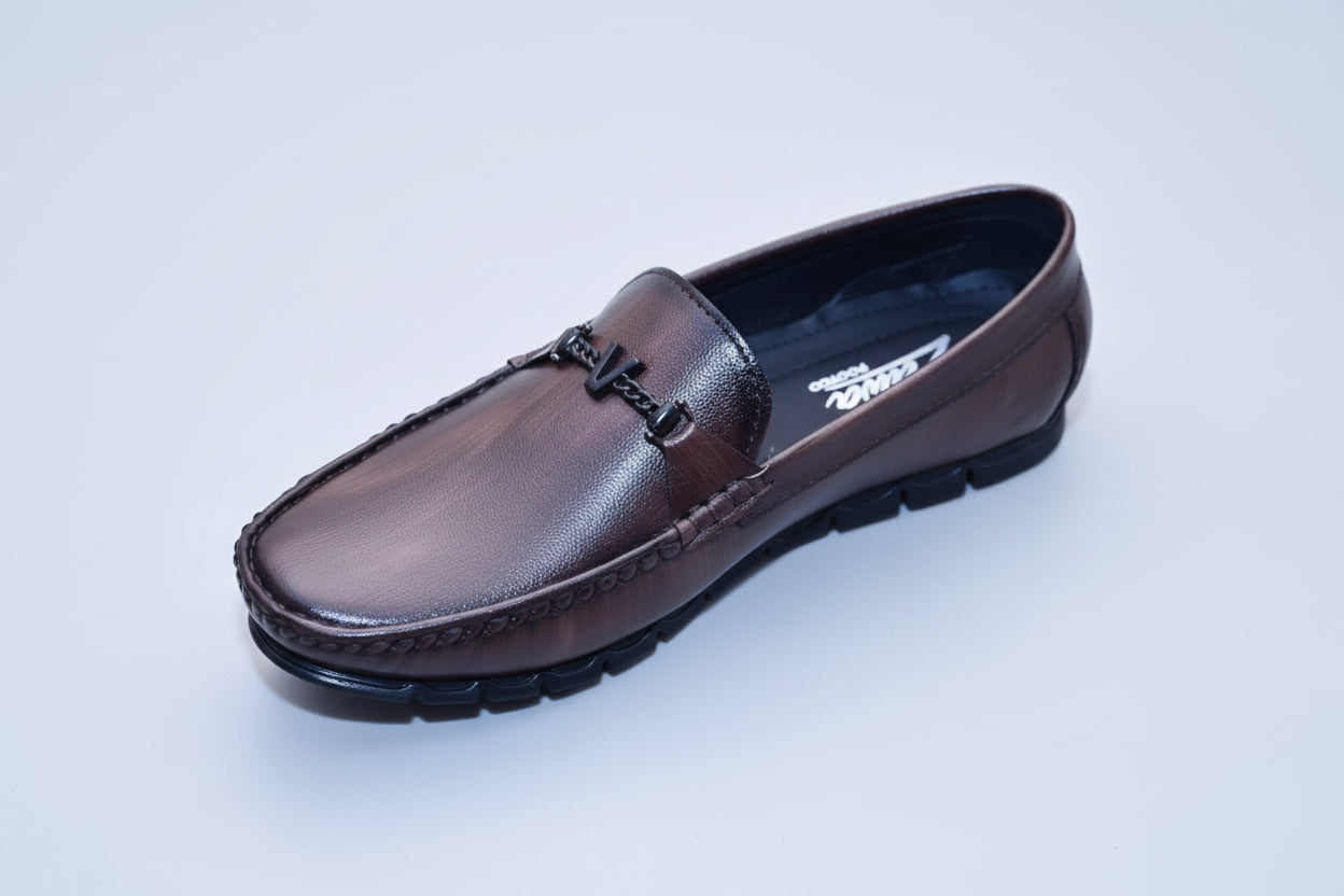 Valoris Brown loafer shoe on plain background with a Zawa brand logo.