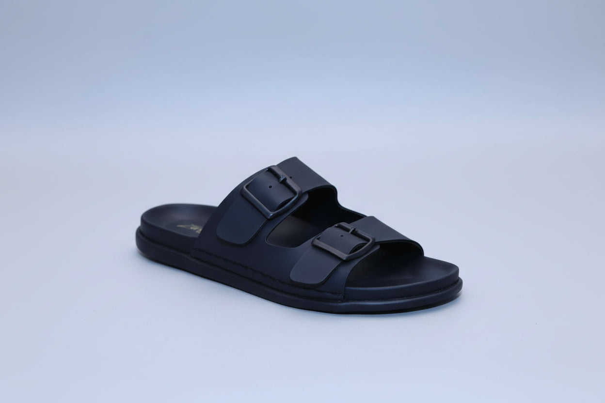 Black zawa vereno sandal with buckles on a plain background