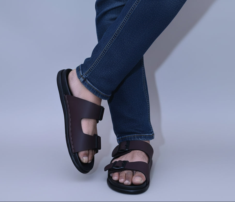 Brown zawa vereno sandals worn with denim jeans 