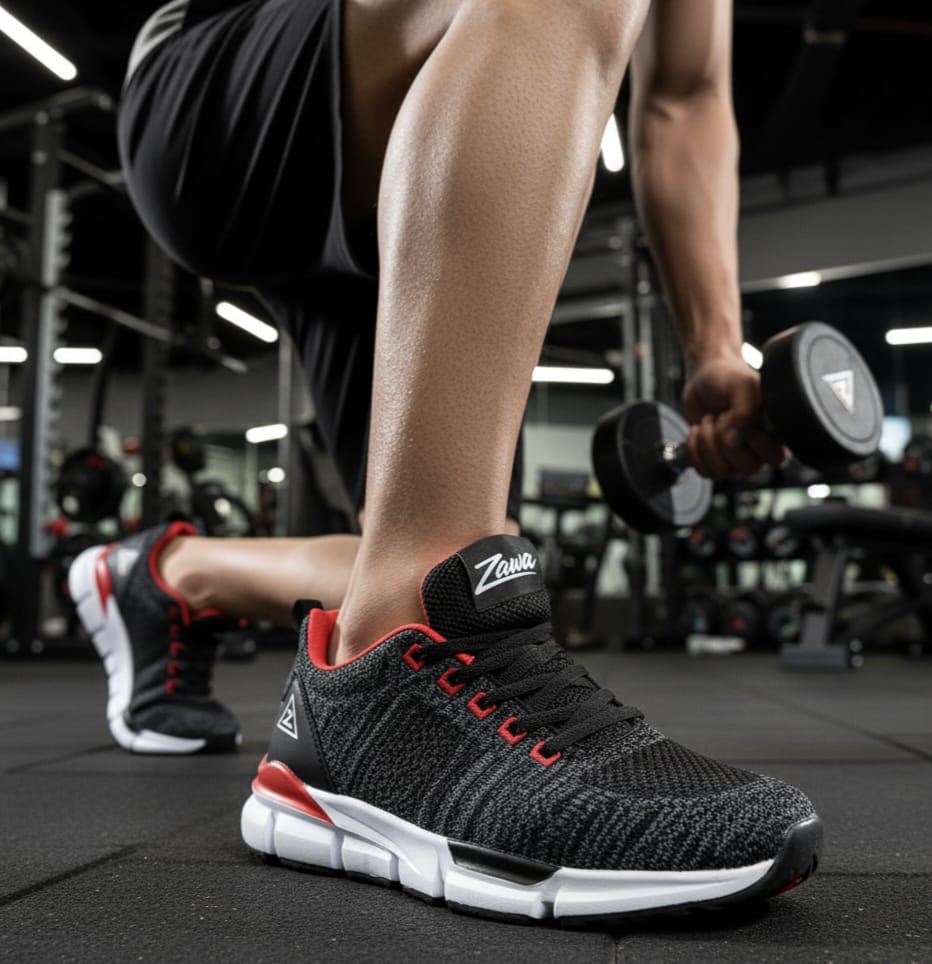 Person wearing black and red athletic shoes with 'Zawa' branding in a gym setting.
