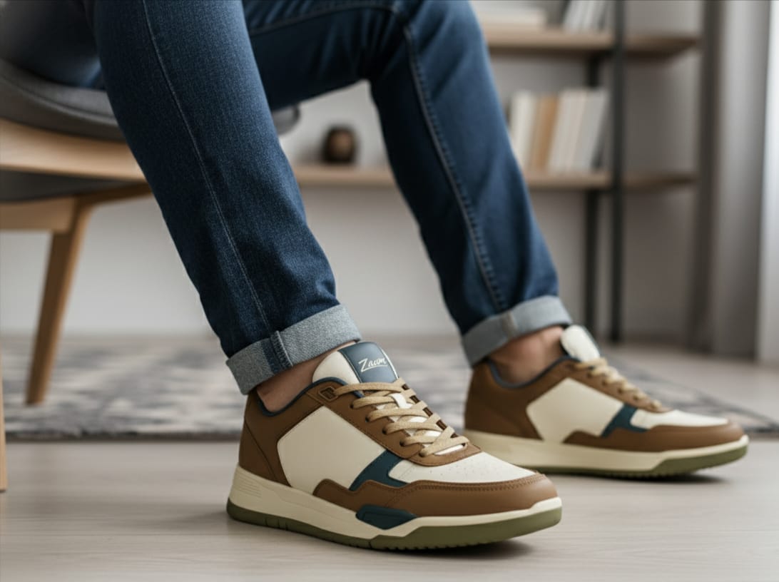 Person wearing brown and white sneakers with a Zawa brand logo, sitting on a chair indoors.