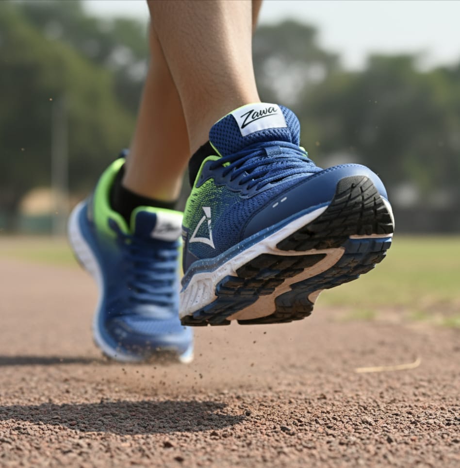 Blue Zawa running shoes with green accents on a track
