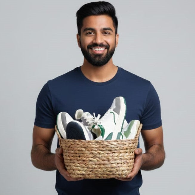 Man holding a basket with zawa new arrival shoes against a gray background