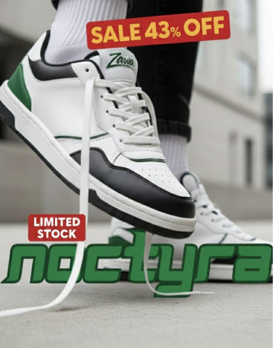 White zawa noctyra sneakers with black accents worn by a person, on a light gray background with 'SALE 43% OFF NOCTYRA' text.