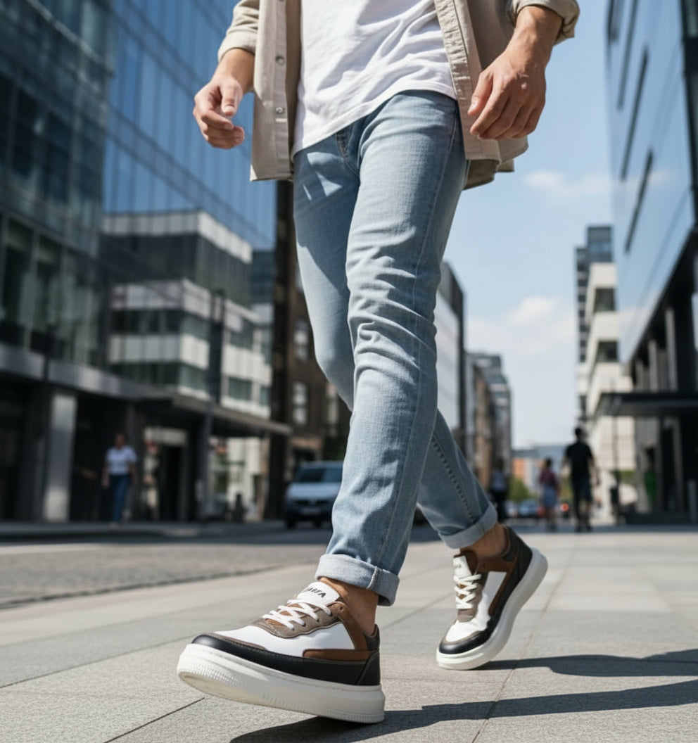 Person wearing light blue jeans and black and white Zawa Bronx Vibe sneakers on a city street.