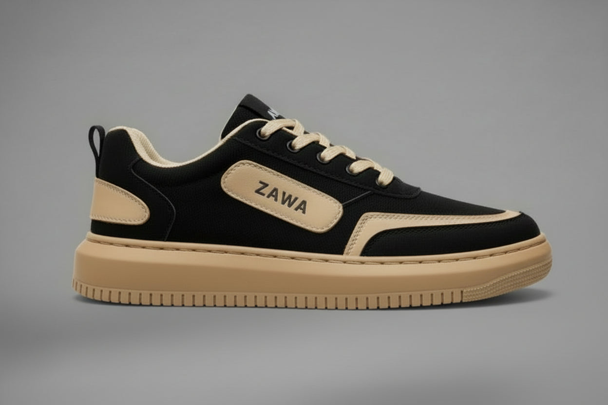 Black and beige sneaker with 'Zawa' branding on a gray background