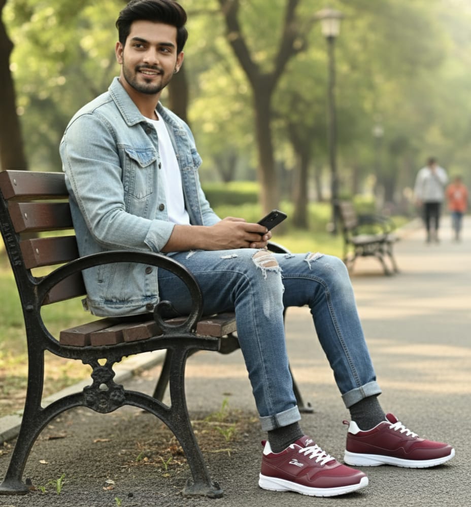Man sitting on a bench in a park holding a phone