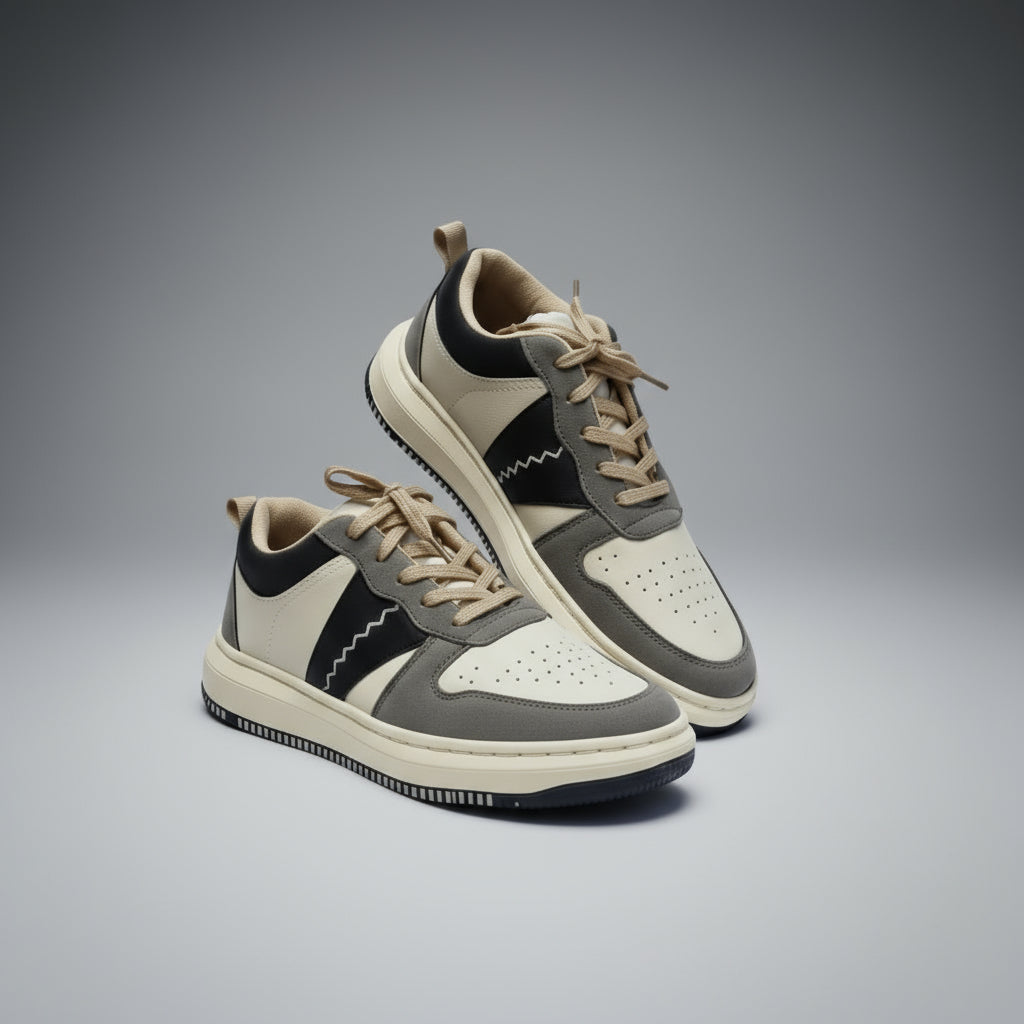Pair of ZAWA Shadow Dune sneakers with a black and beige design on a white background