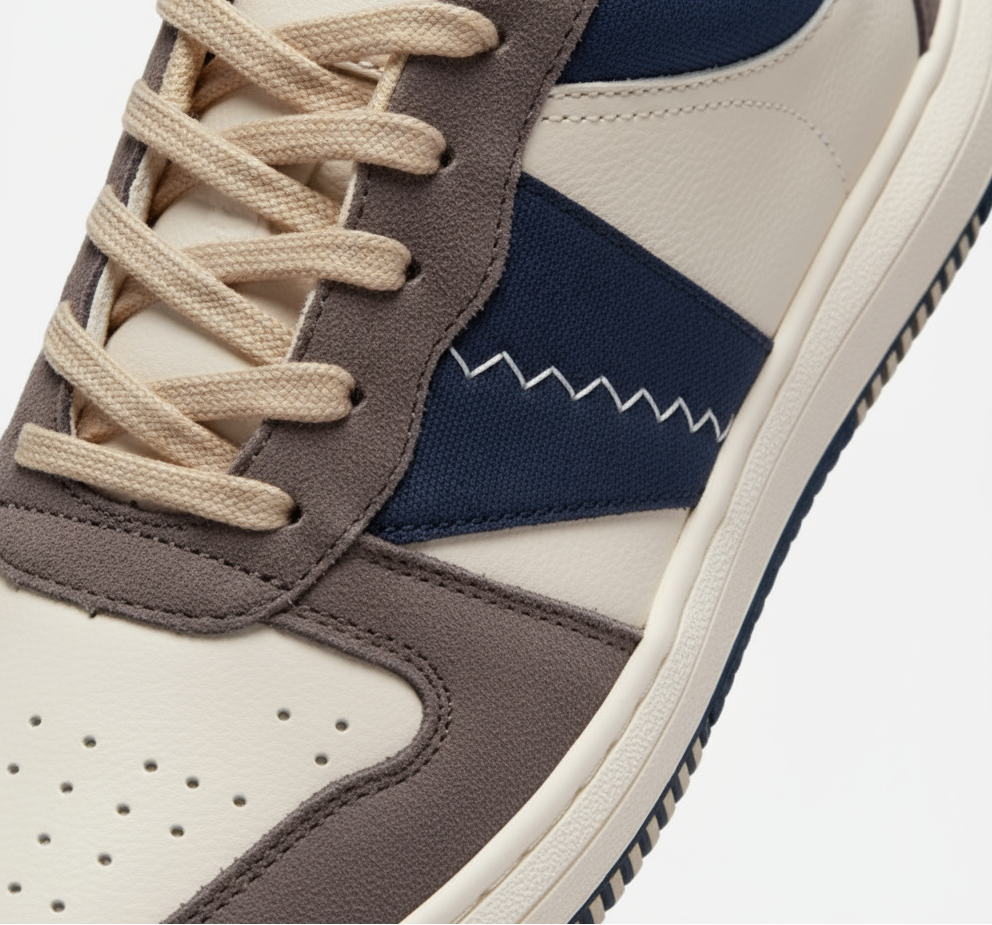 Zawa ShadowDune Sneaker with a mix of brown, blue, and white colors on a light gray background