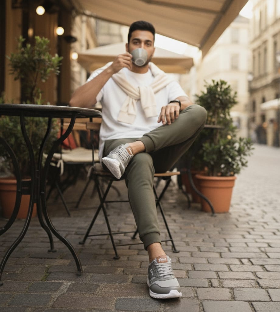 Man sitting outdoors holding a coffee cup, wearing a white sweater and green pants with Zawa sneakers